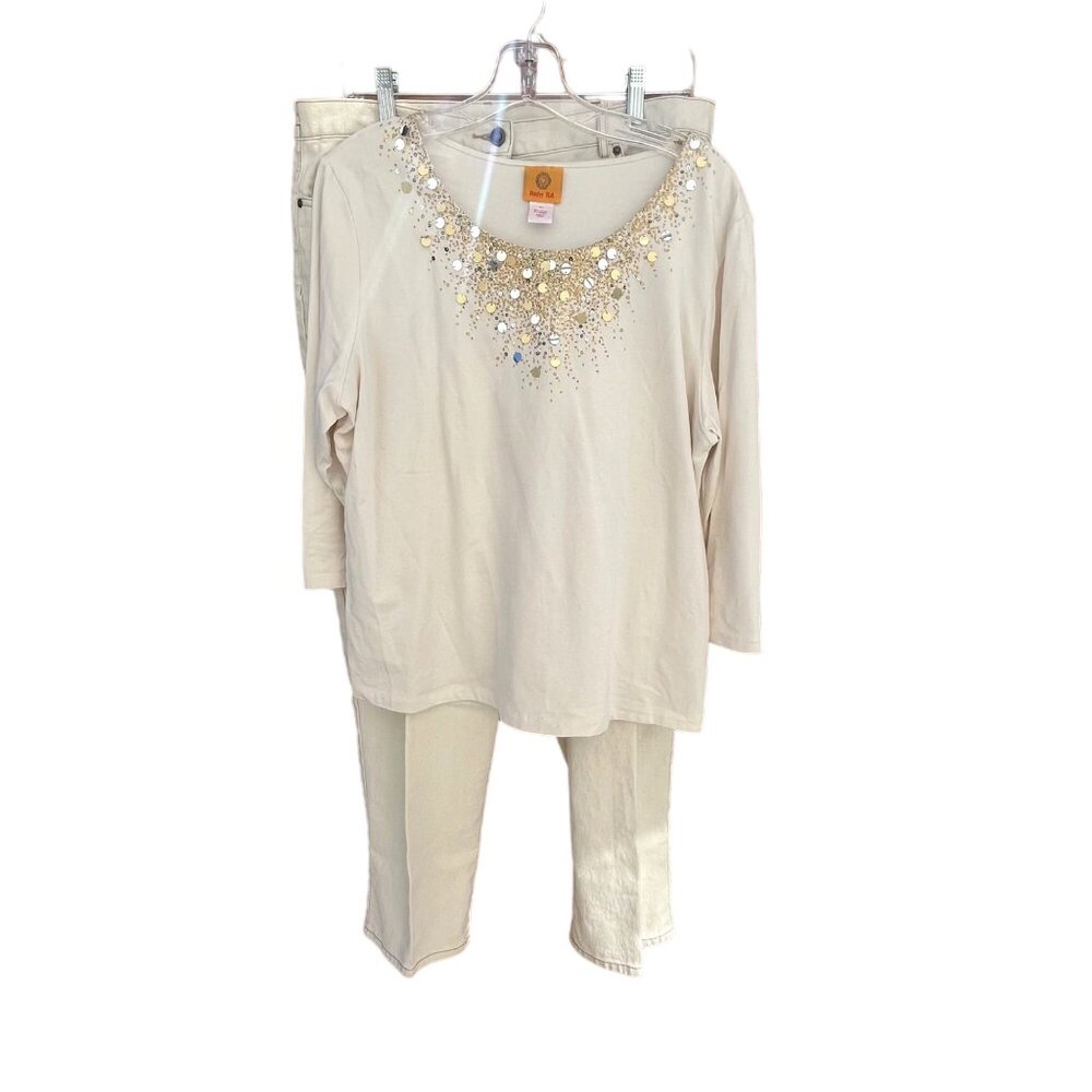 Ruby Rd Womens‎ Gold Sequin Long Sleeve Top & Pants Set Cotton/Spandex XL / 14
